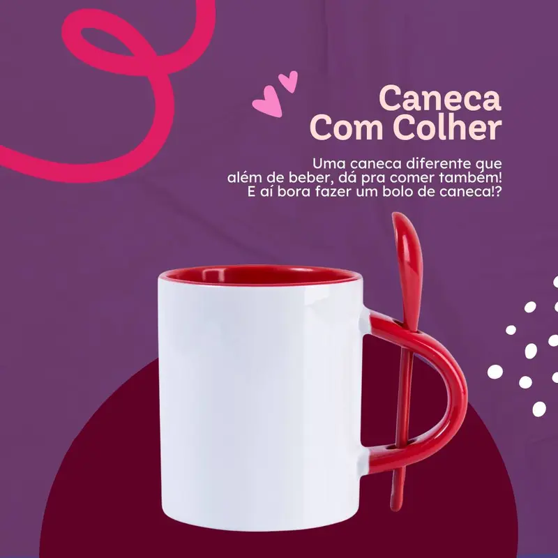 Caneca Cerâmica Alça Vermelha C/ Colher Personalizável