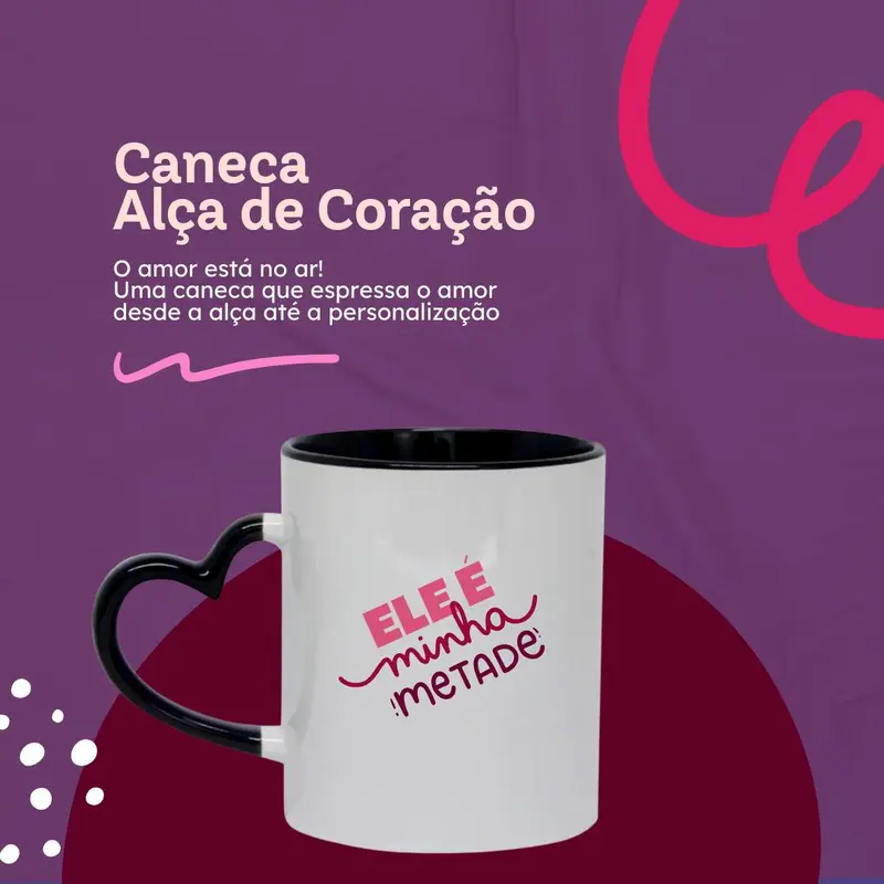 Caneca de Cerâmica com Alça Colorida em Formato de Coração (Personalizável)